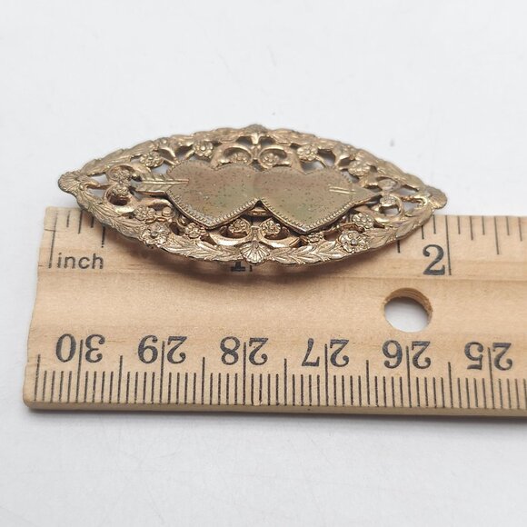 Vtg 1930s Gold Tone Sweetheart Valentines Cupids Bow Hearts Brooch - Picture 5 of 5